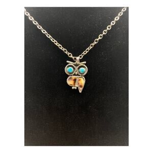 Vintage Acoma Sterling Silver Turquoise‎ Multi-Stone Inlay Owl Pendant.  J.L.